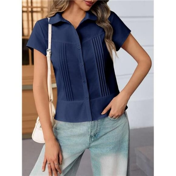 Womens Short Sleeve Button Down Blouse Slim Fit White Collared Work Shirt - Picture 5 of 7